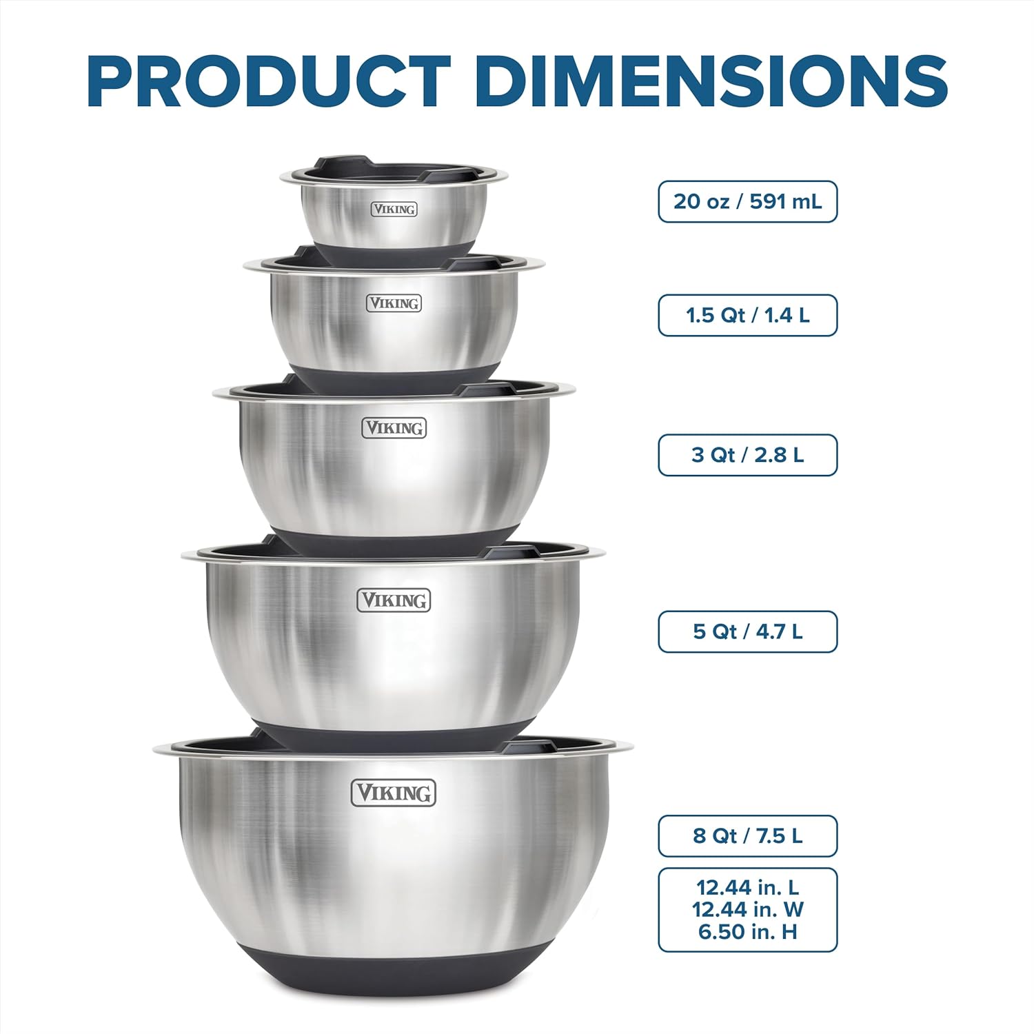 Viking Mixing Bowls Set - 10 Piece Stainless Steel Cookware with Non-Slip Silicone Base & Lids | Black
