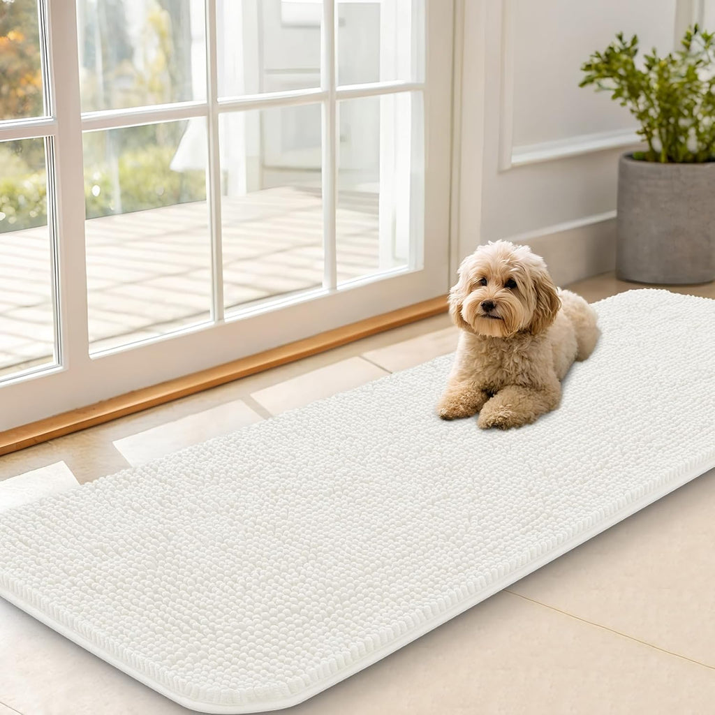 OLANLY Dog Door Mat - Absorbent Non-Slip Mud Mat for Dogs | Quick Dry Chenille, 59x20, Ivory