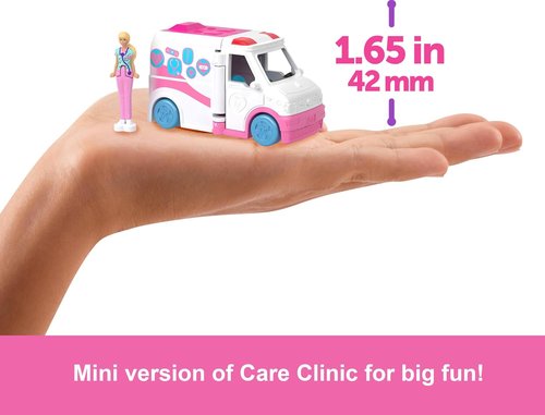 Barbie Mini Doll & Toy Vehicle Set - Color-Change Care Clinic Vehicle with 1.5-Inch Doll