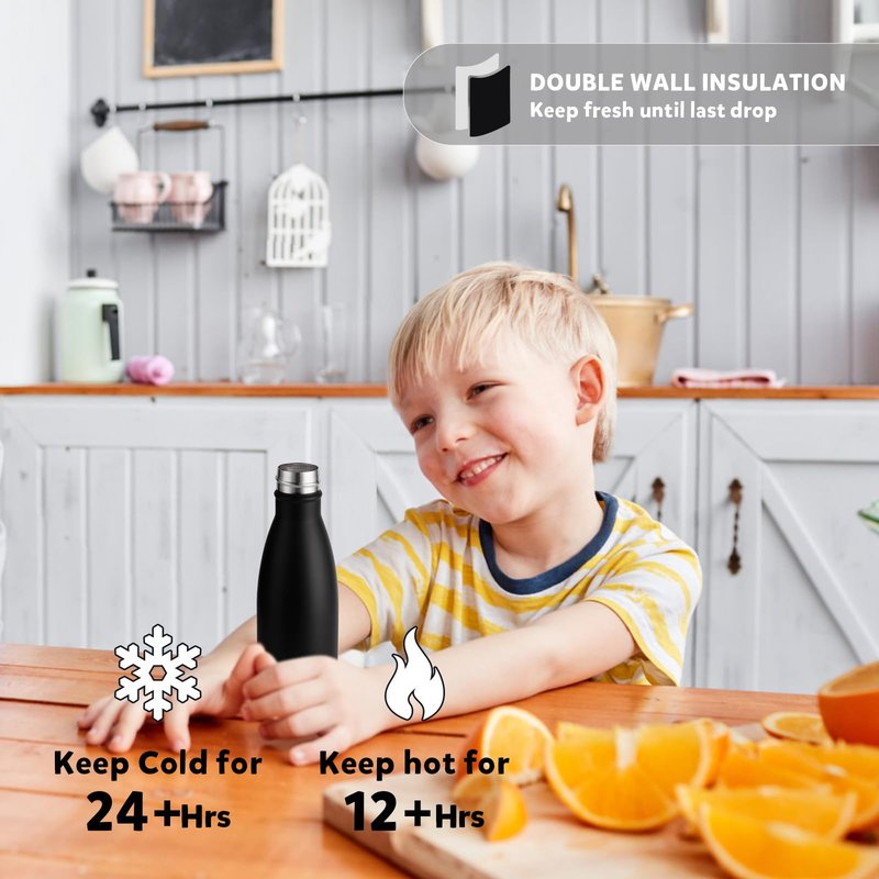 Volhoply 12oz Small Water Bottle Stainless Steel, BPA Free Insulated Water Bottles, Double Wall Cola Shape Flask, Keeps Cold 24 Hours and Hot 12 Hours for Kids Handbag (Black,1)