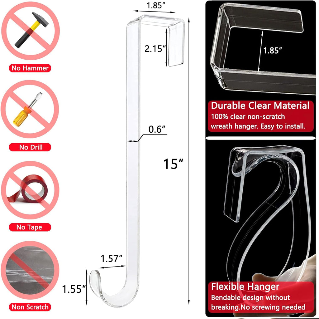 Skiennix Clear Wreath Hanger Hooks - 15 Inch Non-Scratch Over The Door Hooks | 2 Pack for Indoor/Outdoor Decor