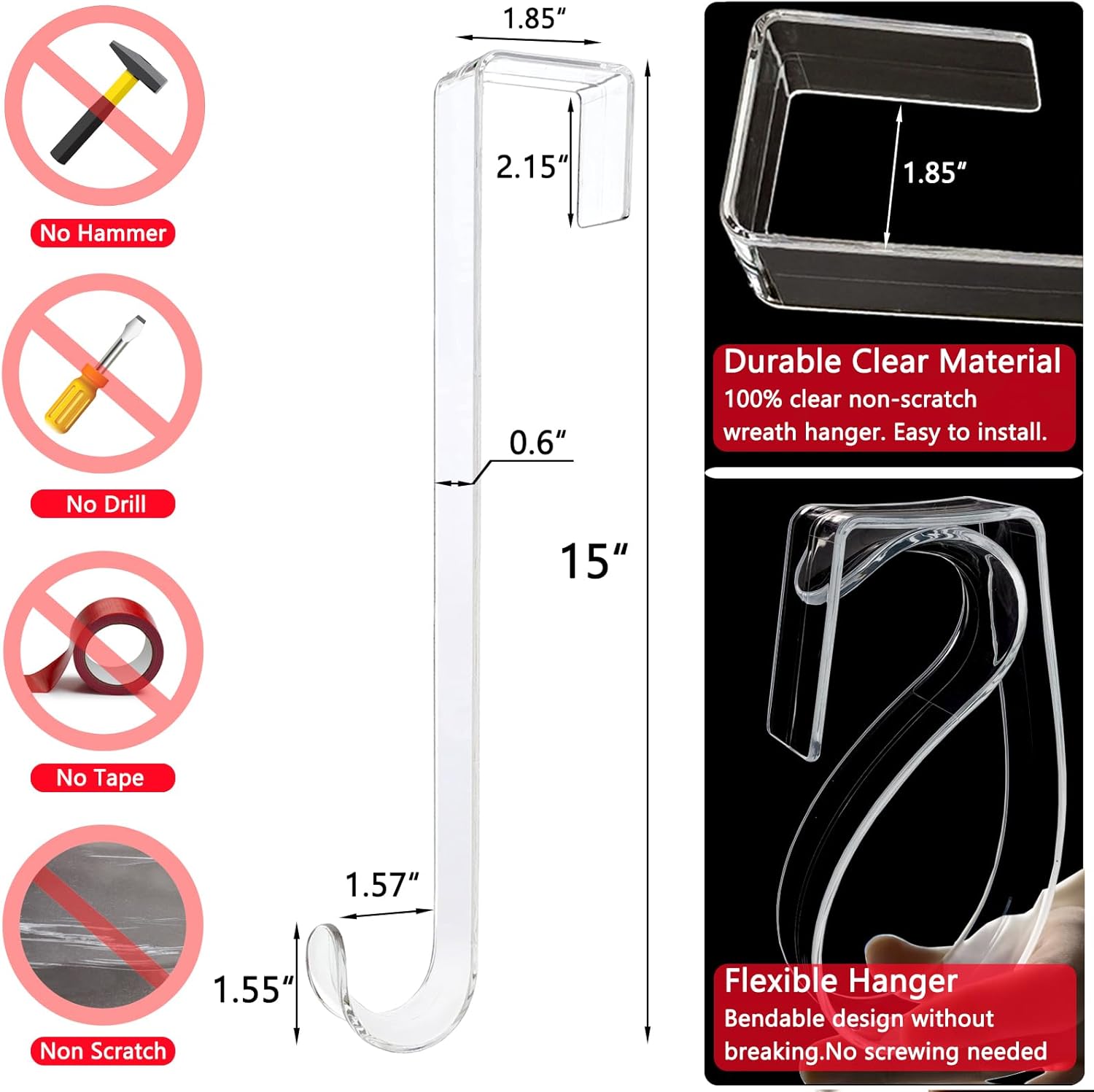 Skiennix Clear Wreath Hanger Hooks - 15 Inch Non-Scratch Over The Door Hooks | 2 Pack for Indoor/Outdoor Decor