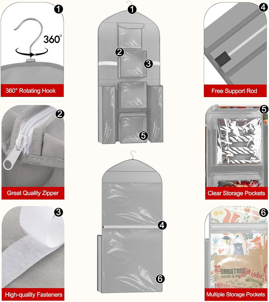Woodoulogy Extra Large Gift Wrapping Paper Storage - 48x24 Grey Double-Sided Organizer Bag