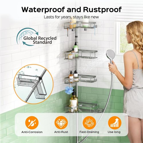 HAMITOR Shower Caddy - 4-Tier Rustproof Bathroom Organizer with Soap Holder | Adjustable No-Drill Design for Small Spaces - 47-123 Inch