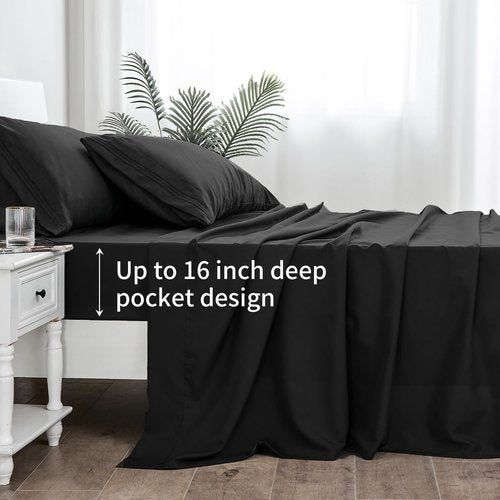 **LINENLINE Full Sheet Set - 6-Piece Cooling Bamboo Rayon Sheets with 4 Pillowcases | Soft, Breathable, 16" Deep Pocket - Black**