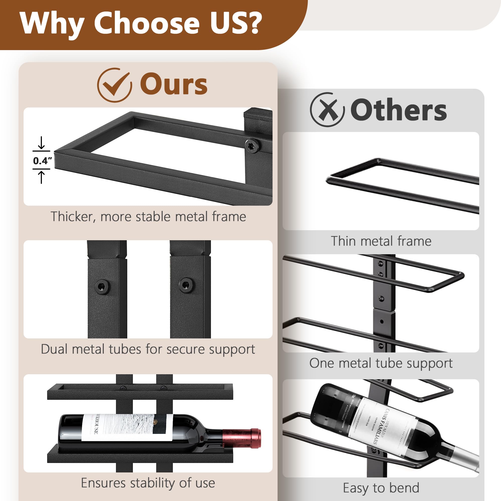 Hoctieon 2-Set 8 Tier Wall Mount Wine Rack (16 Tiers), Wall Racks for Wine Bottles Display and Storage, Hanging Bottle Organizer for Living Room, Dining Room, Wine Cellar, Bar, Black