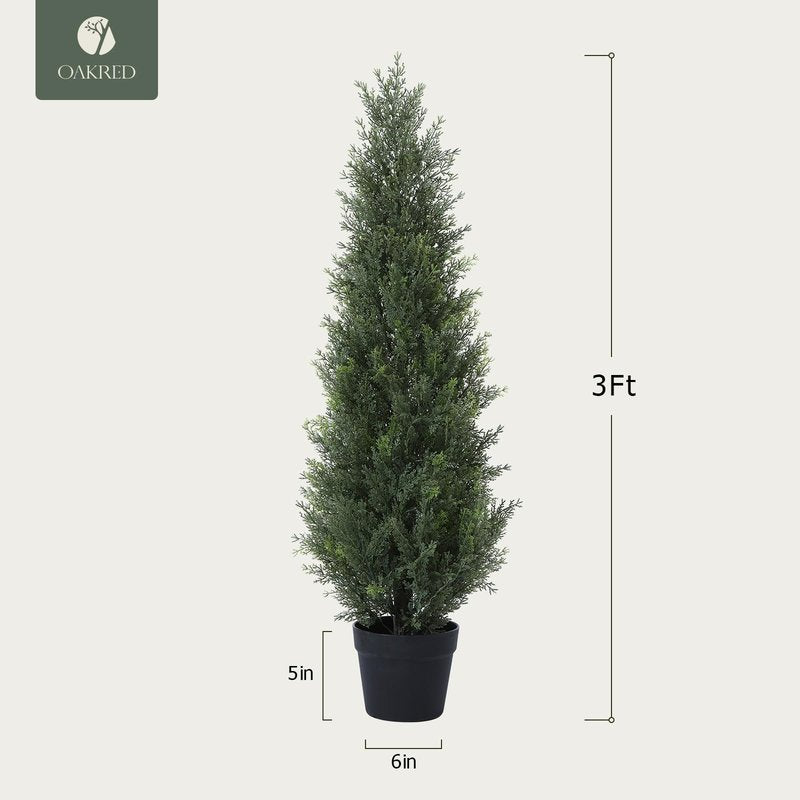 OAKRED Artificial Cedar Topiary Trees for Outdoors 4ft Fake Cypress Plants with Solar Light String, Faux uv Resistant Plants for Home Front Porch Decor，Set of 2