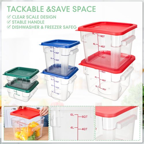 Lallisa 6 Pcs Food Storage Containers with Lids, Clear Square Food Containers with Handles Polycarbonate Restaurant Container Commercial Cereal Storage Set for Kitchen, 2, 4 and 6 Qt(Blue, Red, Green)