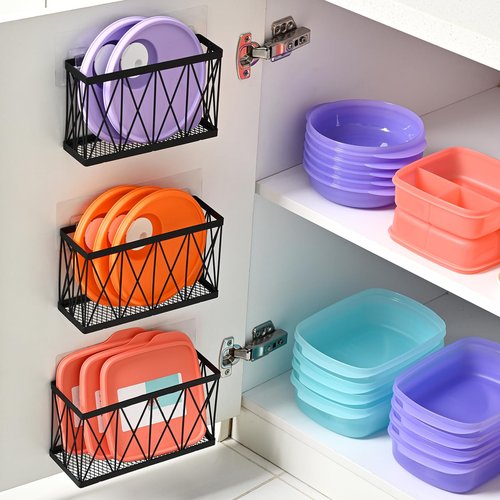 MIXISAV 3 Pack Cabinet Organizer - Adhesive Lid Organizer Slim Space Wall Mounted Inside Cabinet Door Storage for Kitchen, Bathroom, Pantry, Under Sink