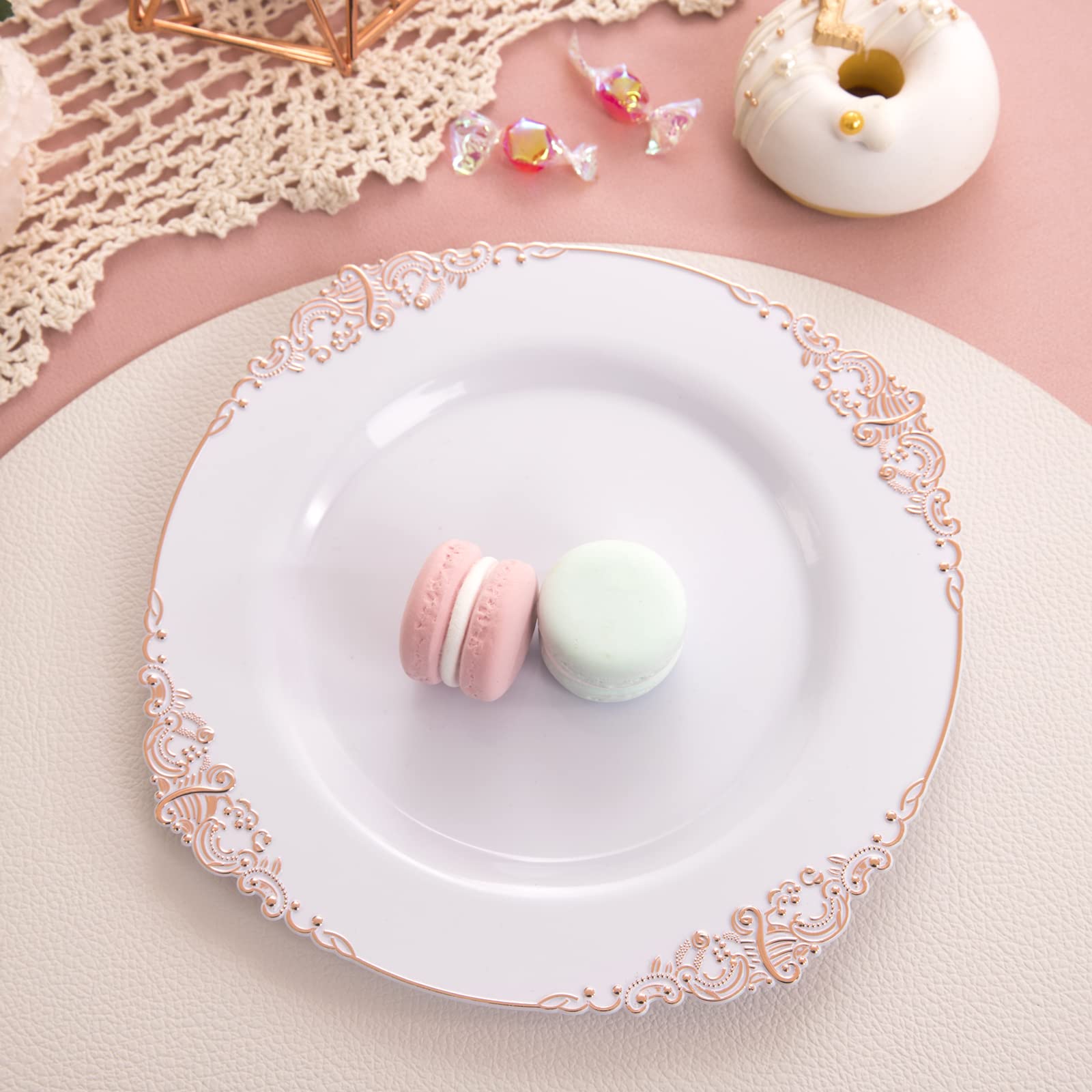 Morejoy 100pcs Plastic Plates - Disposable - 7.5 inch White and Rose Gold Dessert Plates for Weddings & Parties & Shower