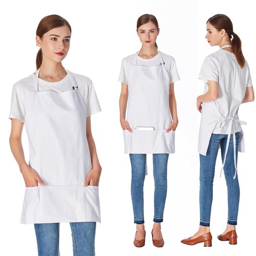 Jubatus 2 Pack 3 Pockets 100% Cotton Adjustable Bib Apron Chef Kitchen Cooking Aprons for Women Men, White