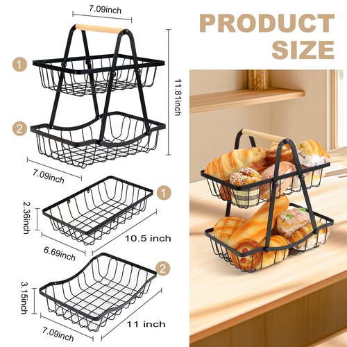 2 Tier Fruit Basket, Detachable Metal Fruit Bowl Holder Vegetable Basket Stand with Wood Handle for Kitchen Counter, Large Capacity Fruit Storage Stand Organizer for Produce Bread Snack, Black