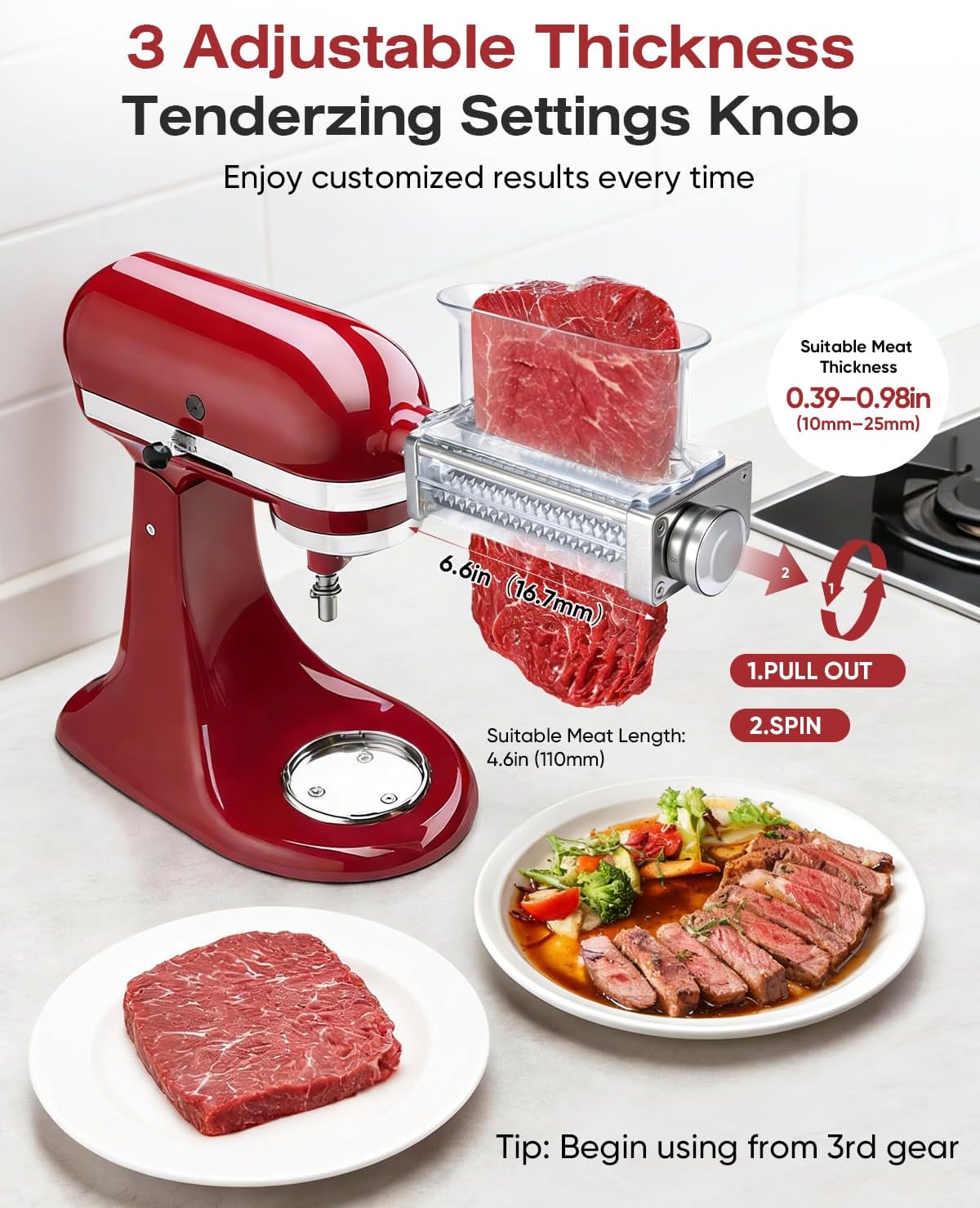Skiennix Adjustable Meat Tenderizer Attachment - 3 Thickness Settings for KitchenAid Mixers