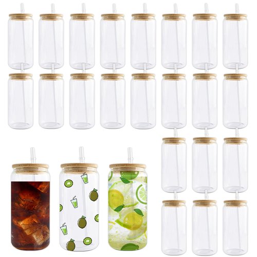 Kocdam Sublimation Glass Cups Blanks with Bamboo Lids and Straws 25 Set 16 oz Reusable Iced Coffee Cup Beer Can Drinking Glasses, Cute Tumbler Cup for Smoothie Whiskey Boba Soda Tea Water