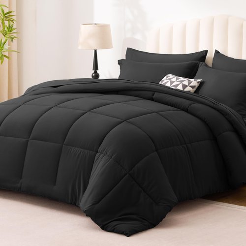Love's cabin California King Comforter Set Ash Black, 7 Pieces California King Bed in a Bag, All Season Bedding Sets with 1 Comforter, 1 Flat Sheet, 1 Fitted Sheet, 2 Pillowcase and 2 Pillow Sham