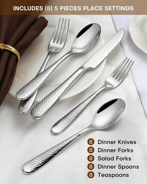 Stapava 40-Piece Hammered Silverware Set, Heavy Duty Stainless Steel Flatware Set for 8, Food Grade Cutlery Utensils Set for Home Restaurant and Hotel, Mirror Polished, Dishwasher Safe