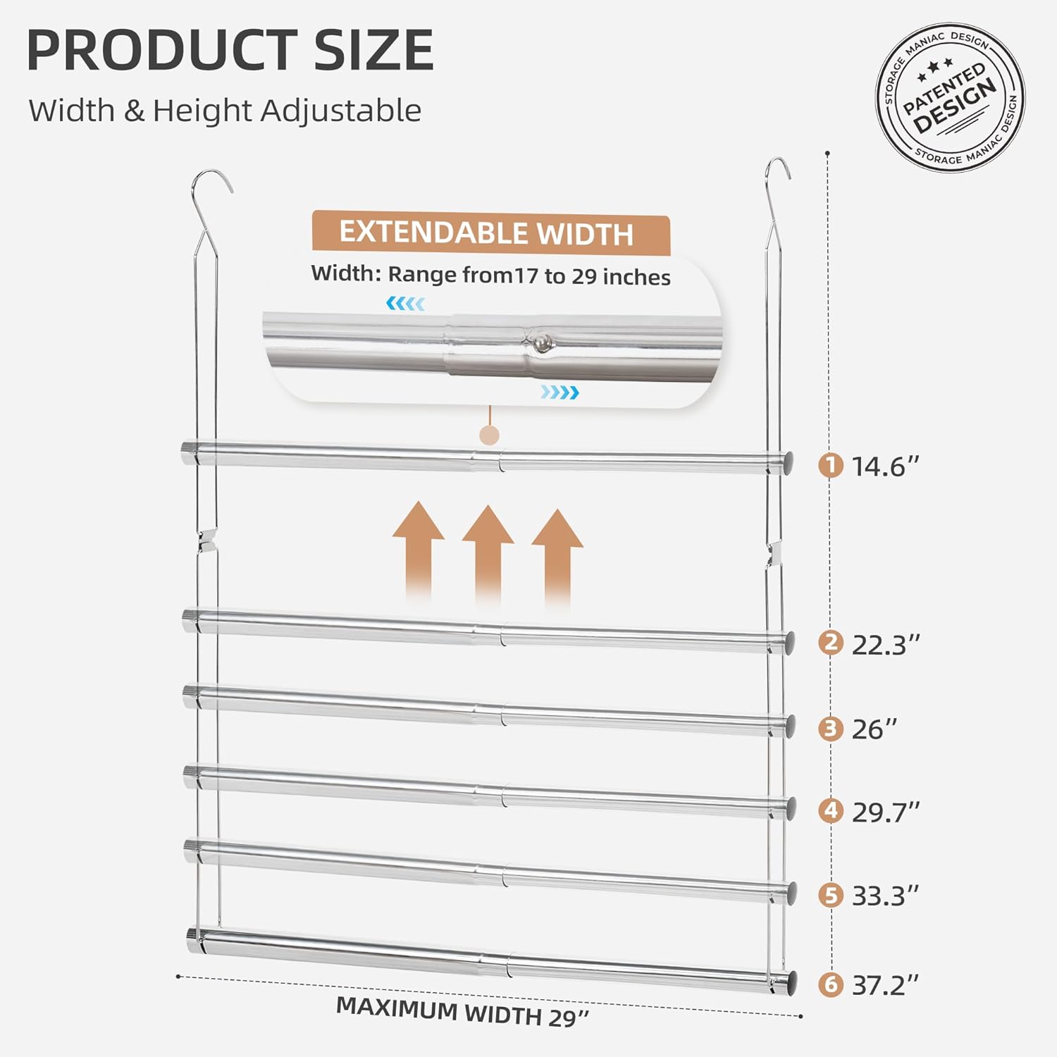 Storage Maniac Adjustable Closet Rod - Space-Saving Hanging Organizer | 2-Pack Chrome, Height & Width Adjustable