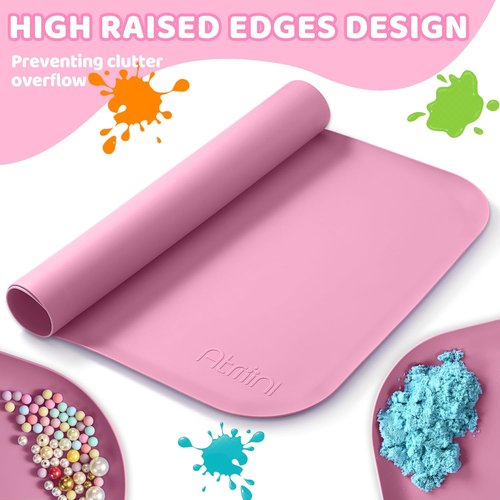 AtMini Silicone Craft Mat for Kids - 24"x16" Non-Slip & Raised Lip | Reusable Art Mat for Sand, Painting, DIY Crafts | Durable Pink Design