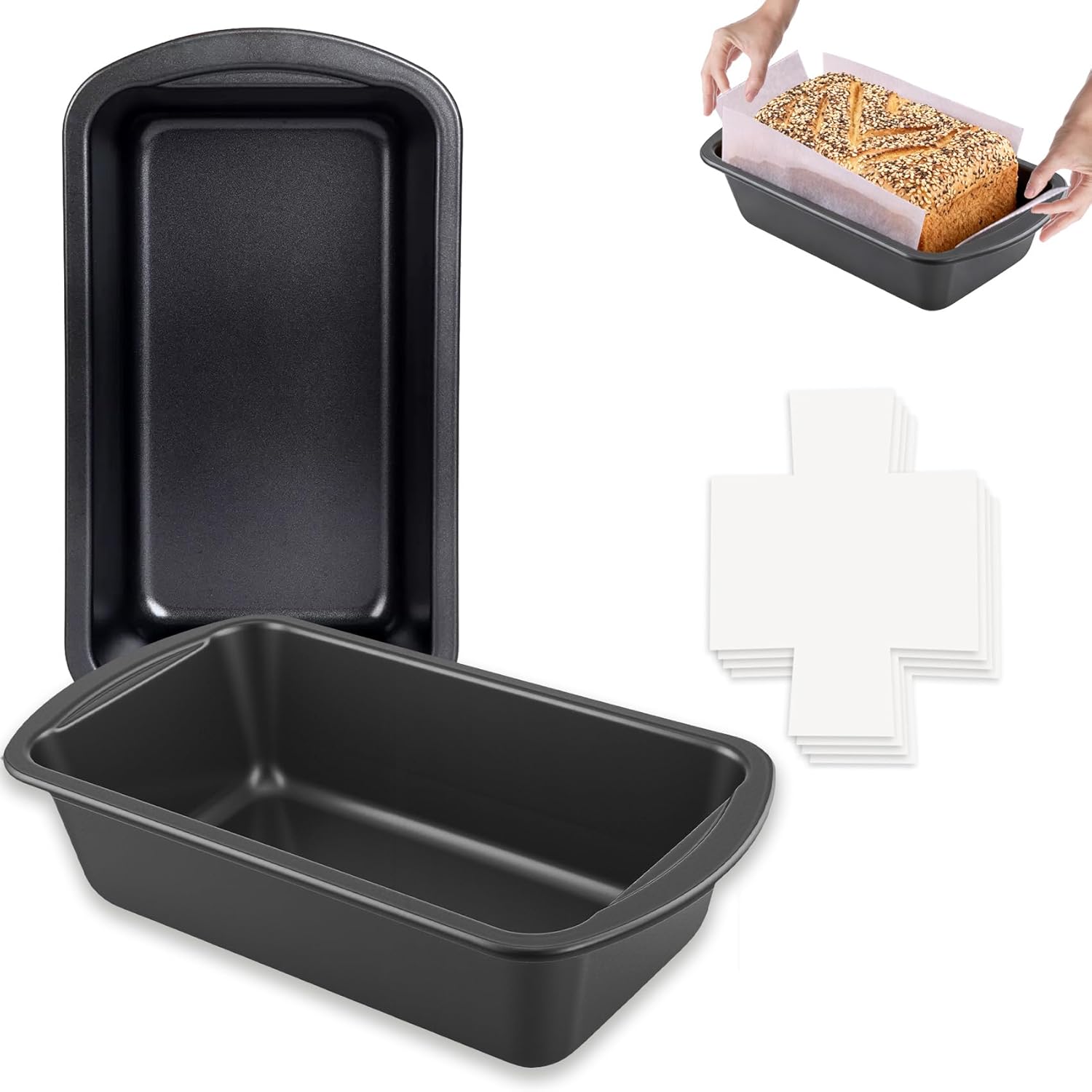 Premium Carbon Steel Non-Stick Loaf Pan - 2-Pack with 50 Parchment Paper Liners | 10x5 Inch, BPA Free