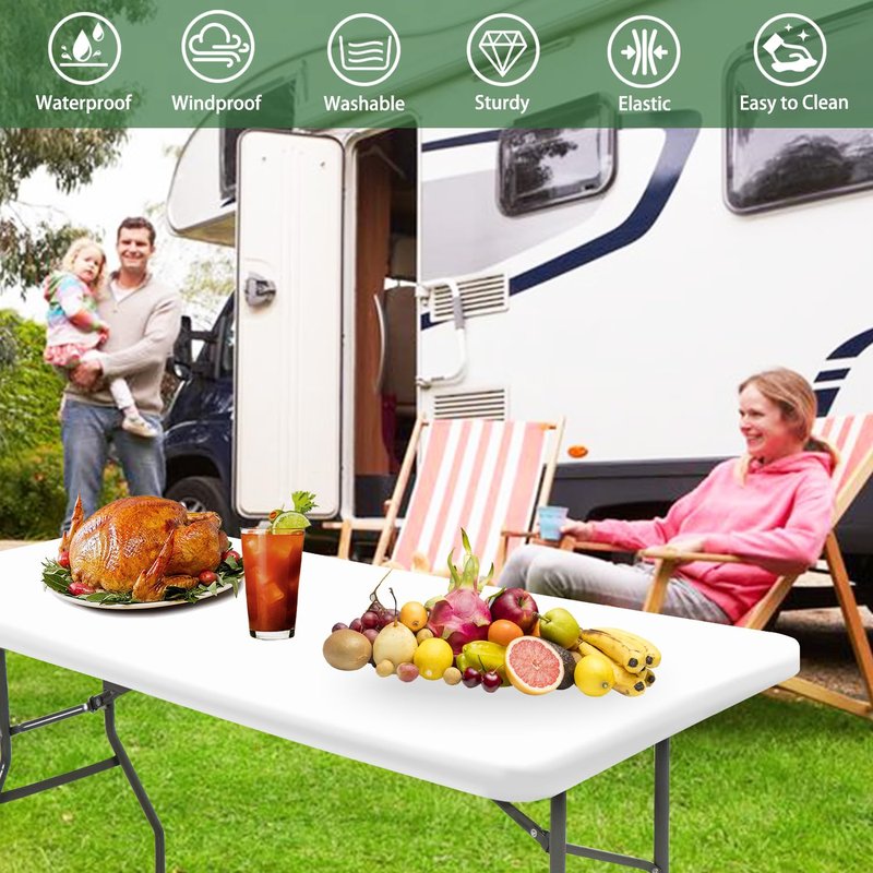 10 Pack Picnic Table Cover Fitted Tablecloths 6 Foot Rectangle Tables Elastic Waterproof Stretch Washable Patio Folding Outdoor Spandex Table Cloth for Camping Banquet and Parties (White,30" x 72")