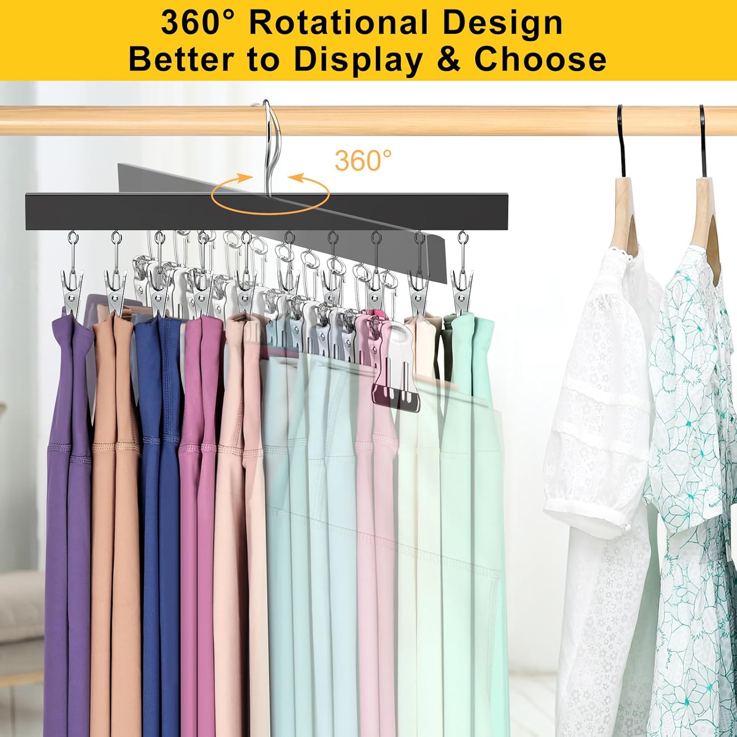 Skiennix Legging Organizer - 360° Rotating Pants Hangers with Clips | Holds 20 Leggings, Jeans & More (2 Pcs)
