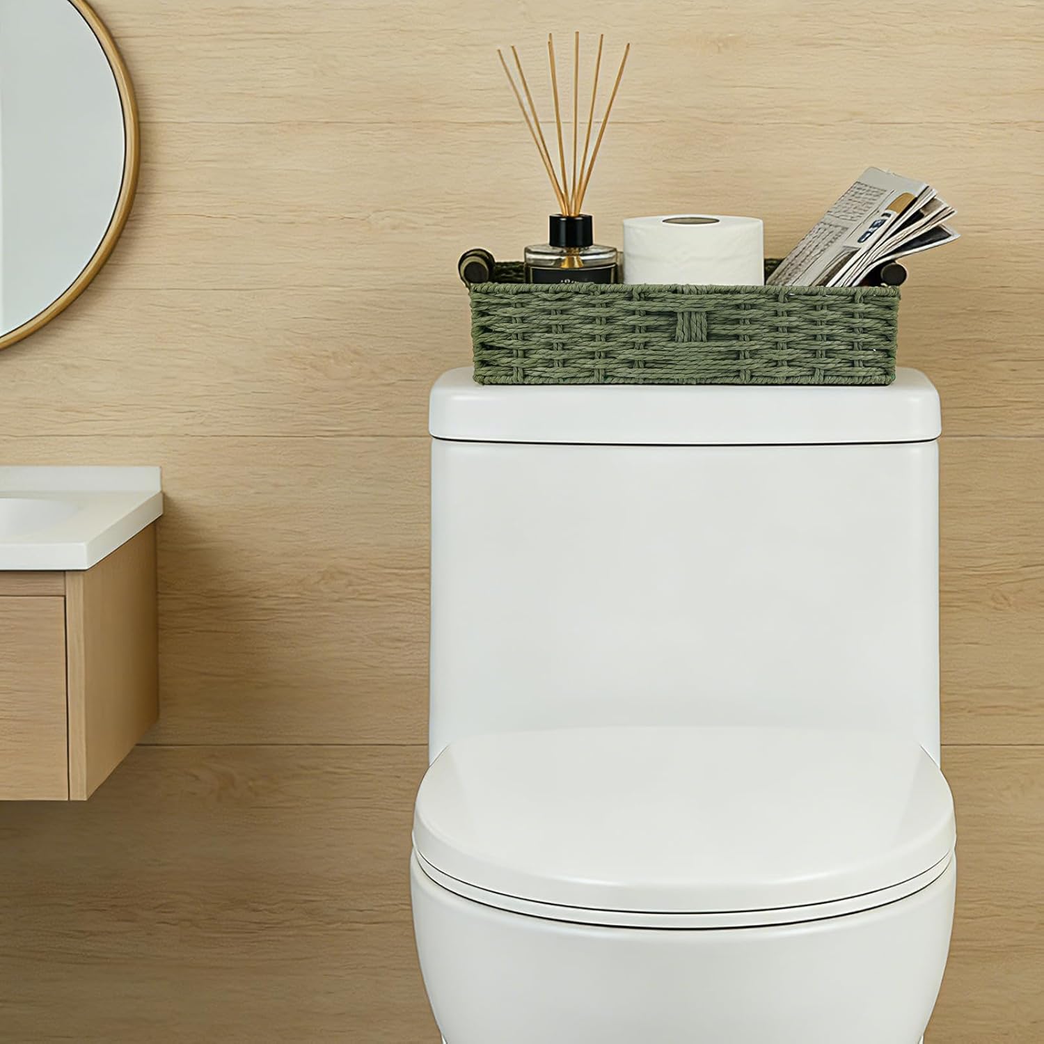 Skiennix Green Toilet Basket | Stylish Bathroom Organizer & Storage | 2-Piece Paper Rope Wicker Holder
