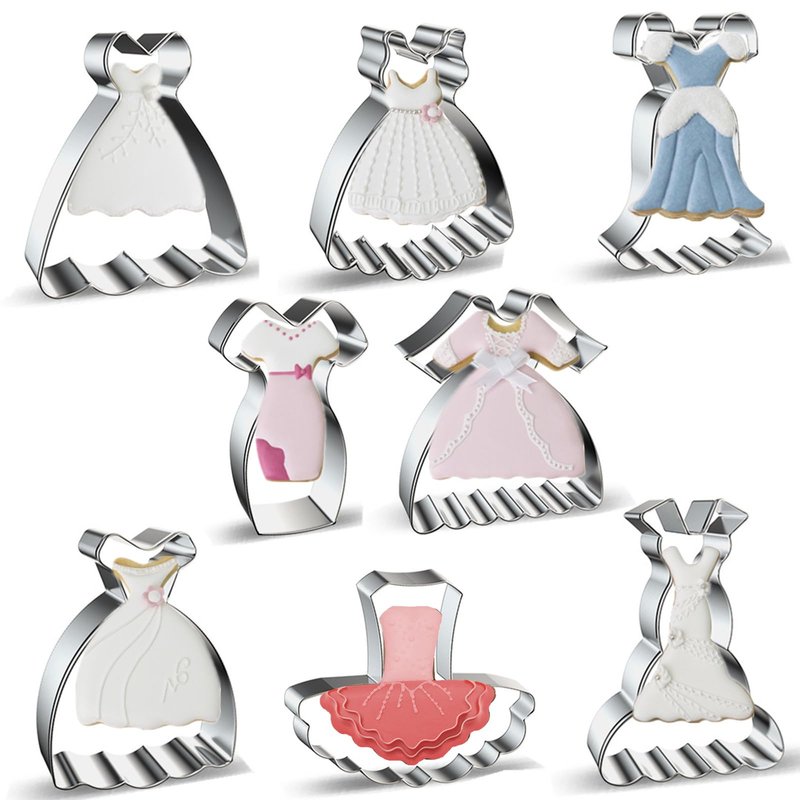 Dress Shaped Cookie Cutters Set of 8 pcs, Stainless Steel Wedding Princess Dress Fondant Cutter Molds Baking DIY