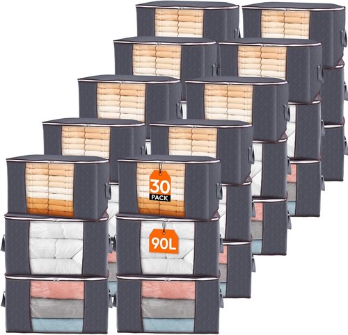 Lifewit 30-Pack Clothes Storage Bins - 90L Foldable Blanket Bags with Zippers & Clear Window