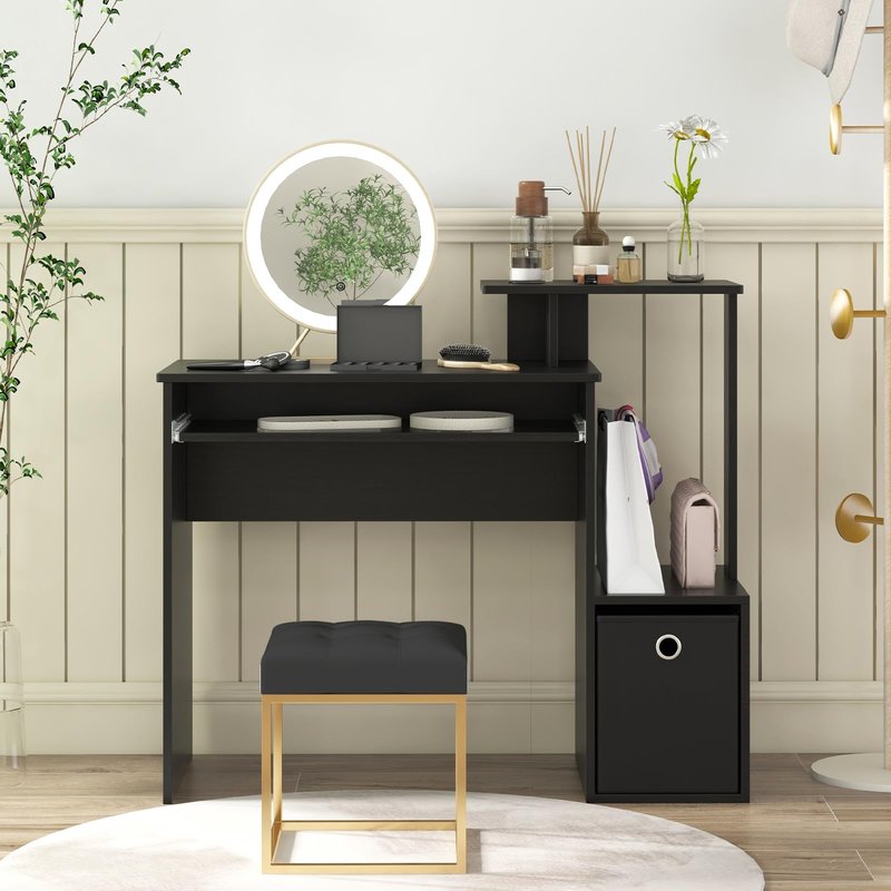 Tangkula Computer Desk with Fabric Drawer & Keyboard Tray, Space-Saving Study Writing Desk with Open Storage Shelves & Printer Stand, Modern Home Office Computer Workstation for Small Spaces (Black)