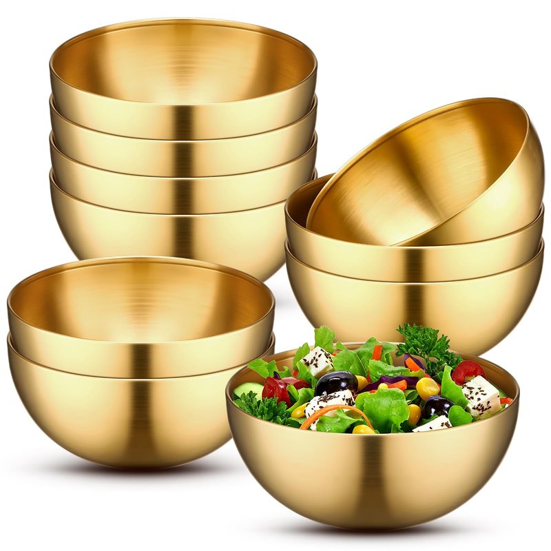Nuogo 10 Pcs Gold Bowls 7.9 Inch Stainless Steel Mixing Bowls Decorative Esthetician Bowl for Facial Metal Serving Bowl for Holiday Birthday Party Wedding Baking Prepping Salad Fruit Soup
