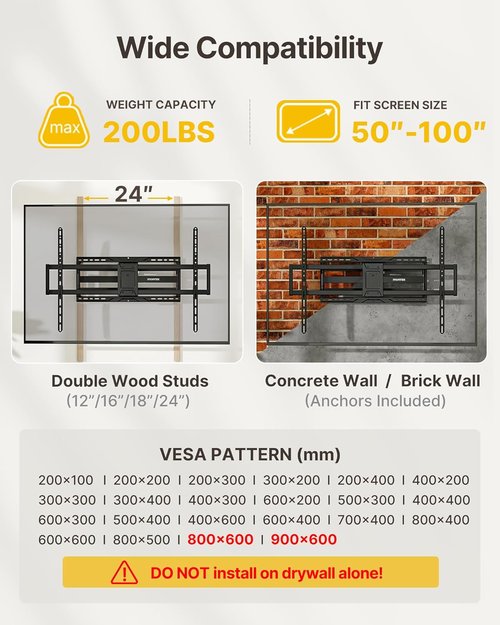 monTEK Heavy-Duty Full Motion TV Wall Mount Bracket - Supports 50-100" TVs Up to 200 lbs | Tool-Free Tilt & Swivel, Max VESA 900x600