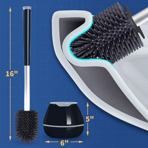 BOOMJOY Toilet Brush Set - Silicone Toilet Bowl Brush with Tweezers for Effective Bathroom Cleaning | Black & Grey