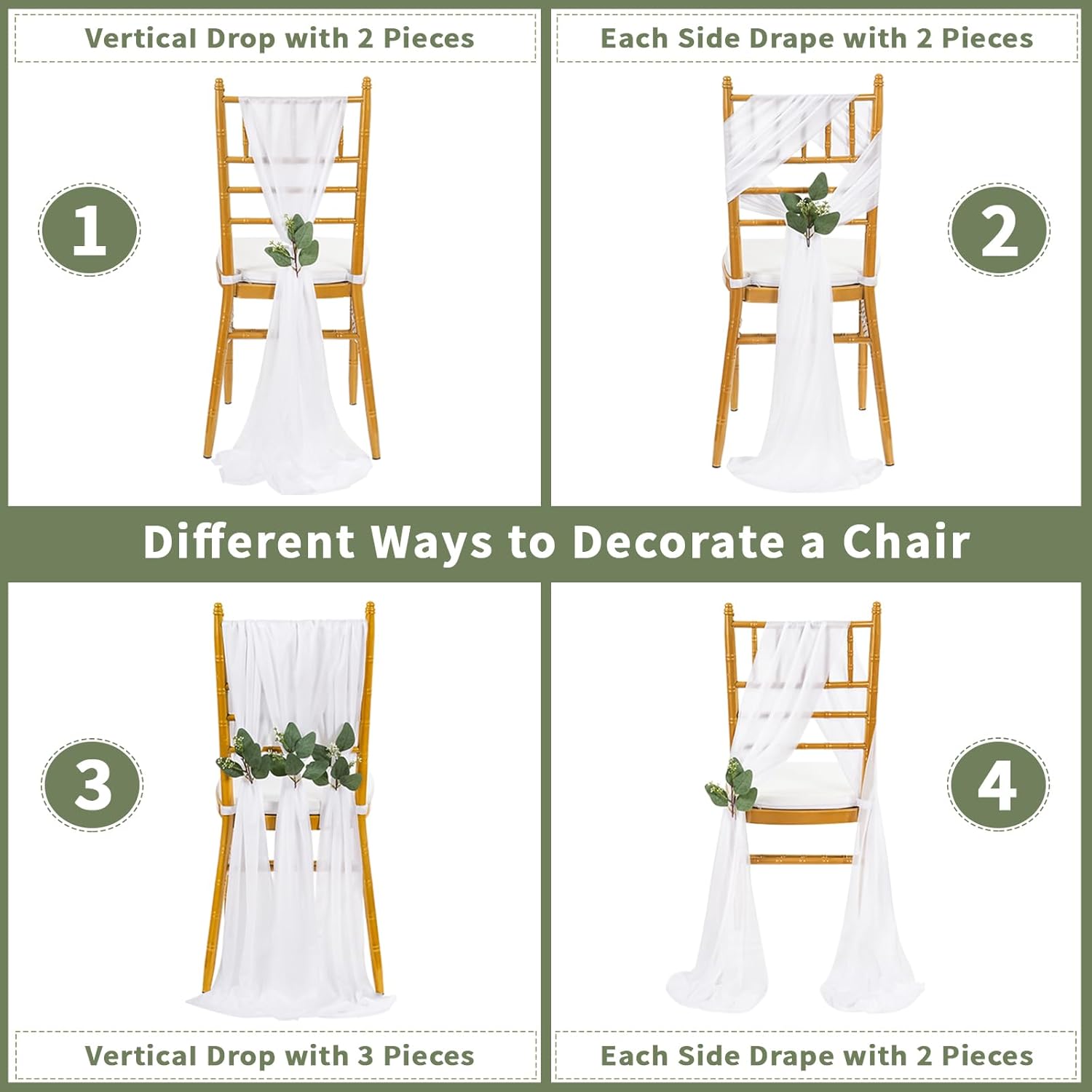 QueenDream Chair Sashes - 24 Pack White Sheer Draping Fabric for Wedding Aisle & Party Decor