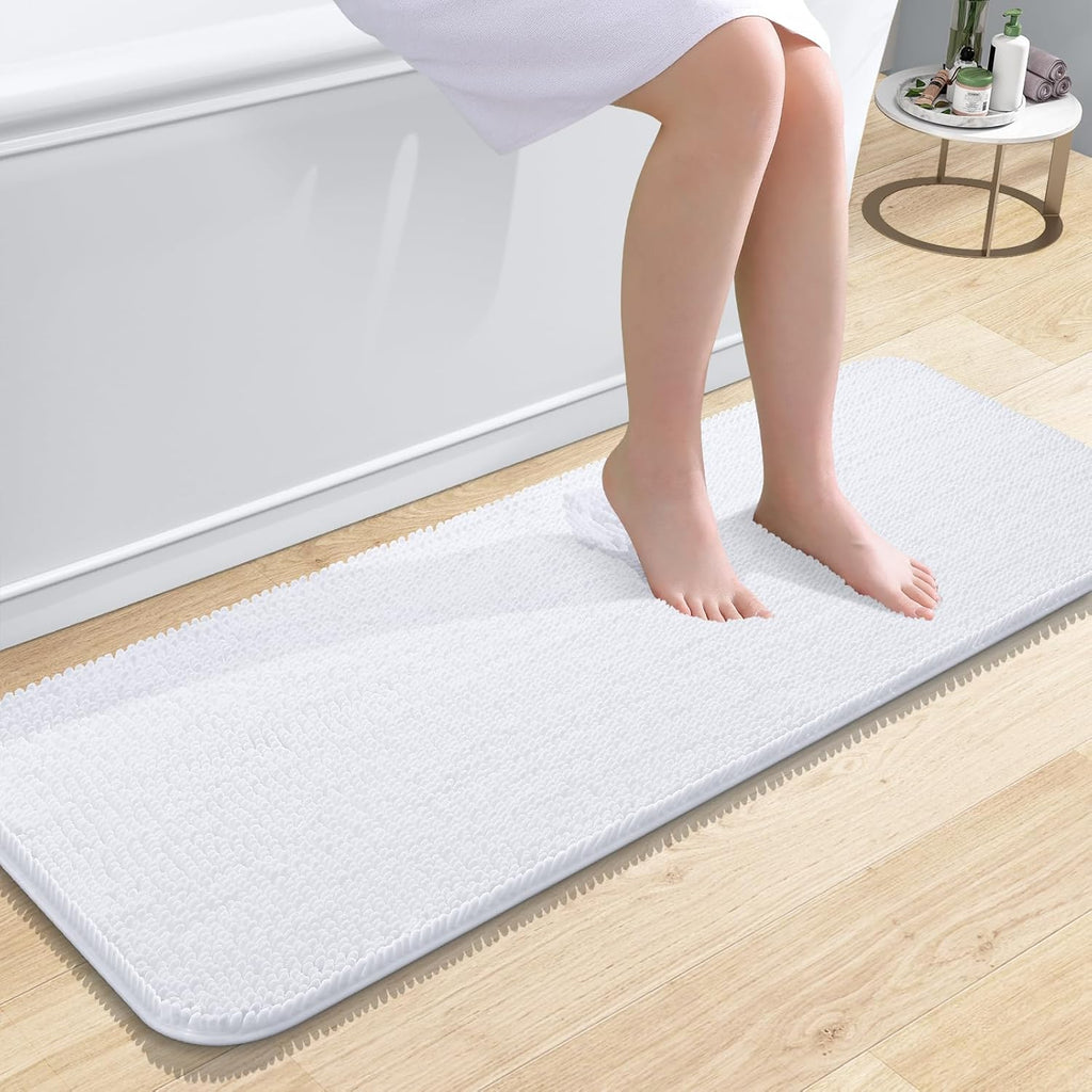 OLANLY Bathroom Runner Rugs - Extra Soft Chenille Bath Mats | 47x17, Quick Dry, Machine Washable, White