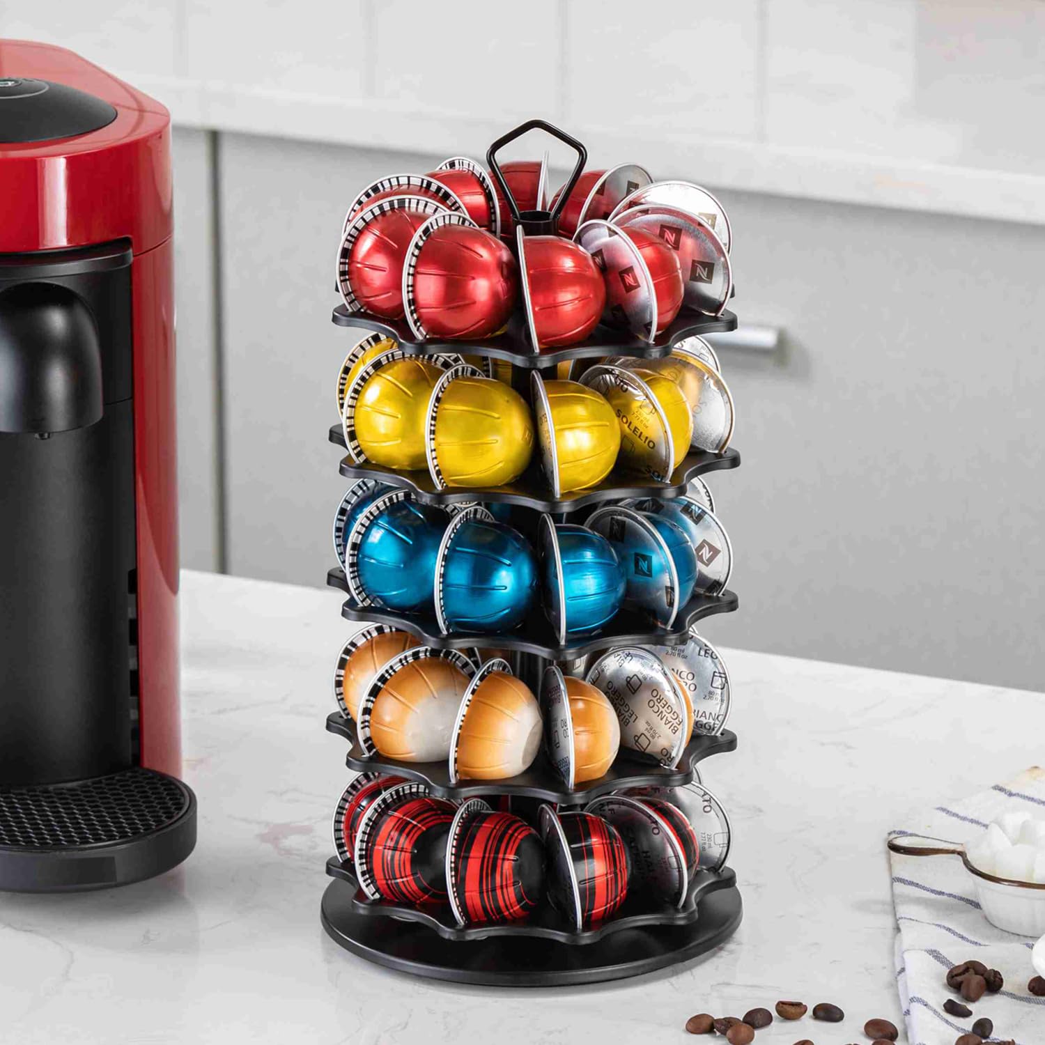 FlagShip 50 Vertuo Pods Carousel Holder Black Coffee Pod Holder 360° Rotating Rack Stand for Vertuoline Pods 5 Tier (50 Pods Capacity)