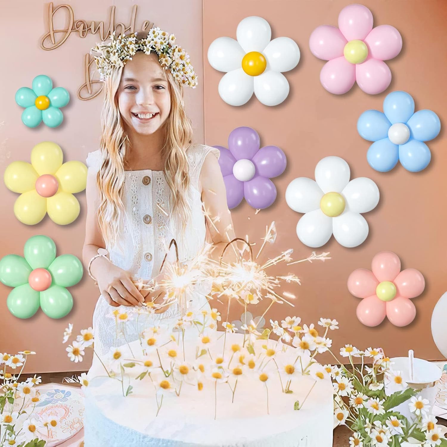 Skiennix Daisy Flower Balloons DIY Kit - Boho Macaron Pastel Party Decorations | 16 Set for Baby Showers & Birthdays
