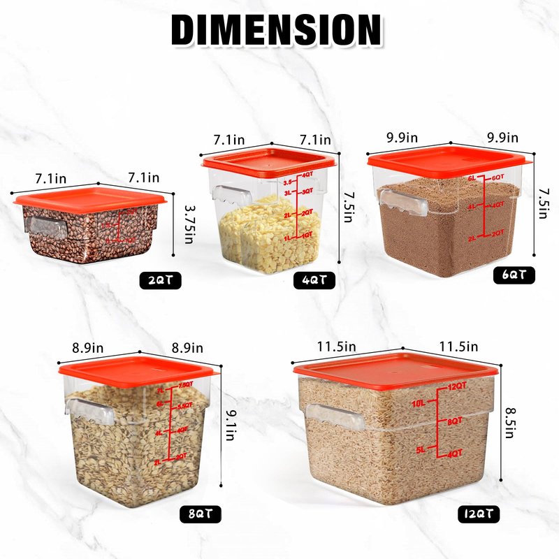 6Qt NSF Food Storage Containers with Lid - 4pcs Food Grade/Heat Resistant/Freezer Safe/Clear Square Storage Containers Set with Scale Handles for Restaurant Home Kitchen Marinade Food Prep, w/ Labels