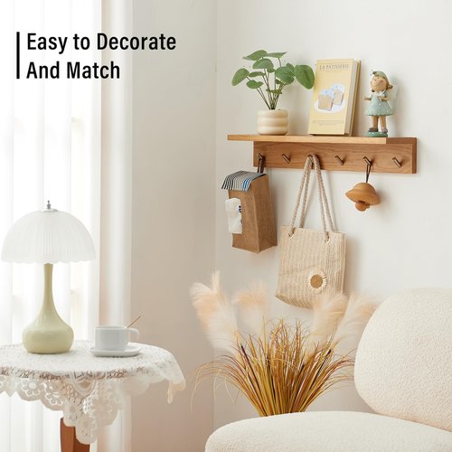 Rsuwiz Wall Hooks with Shelf Oak Wood Coat Rack Shelf Wall Mounted, Entryway Shelves with 6 Metal Hangers for Clothes Hats Towel for Bathroom, Bedroom, Living Room (Natural, 27.5 inches)