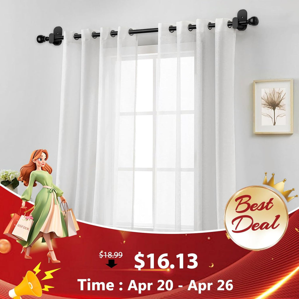 USFOOK No Drill Curtain Rods - Black 48 to 84 Inches | 5/8 Inch with 3M Adhesive Holders