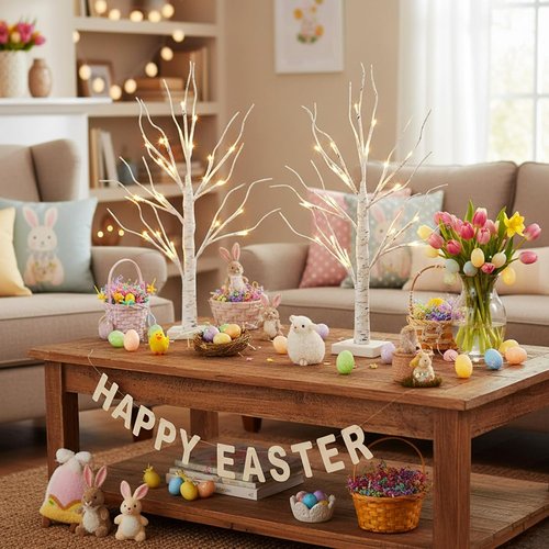 EAMBRITE Lighted Birch Tree - 24 LED Battery Operated Mini Decor | 2FT White Tabletop Easter & Christmas Decor