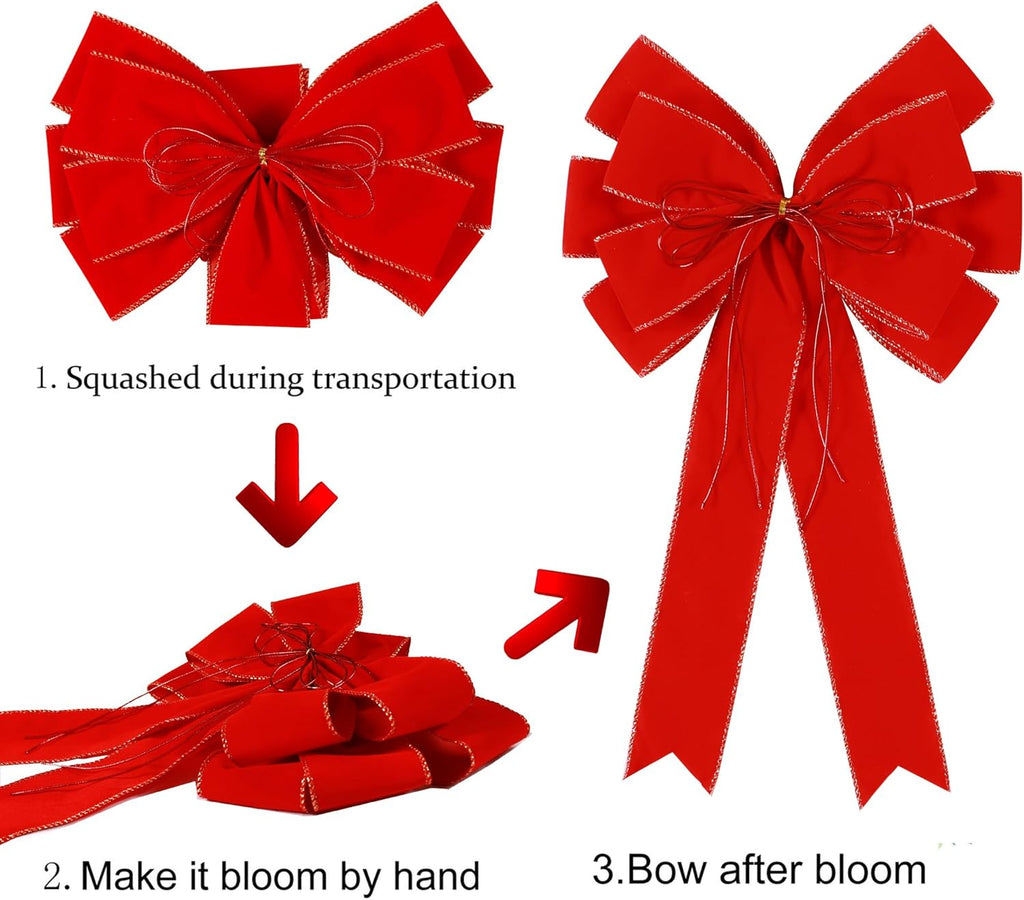 Skiennix 2 Pack Red Christmas Bows - Large 12”x20” Velvet Wreath Bows with Glitter Gold Edges for Holiday Decor