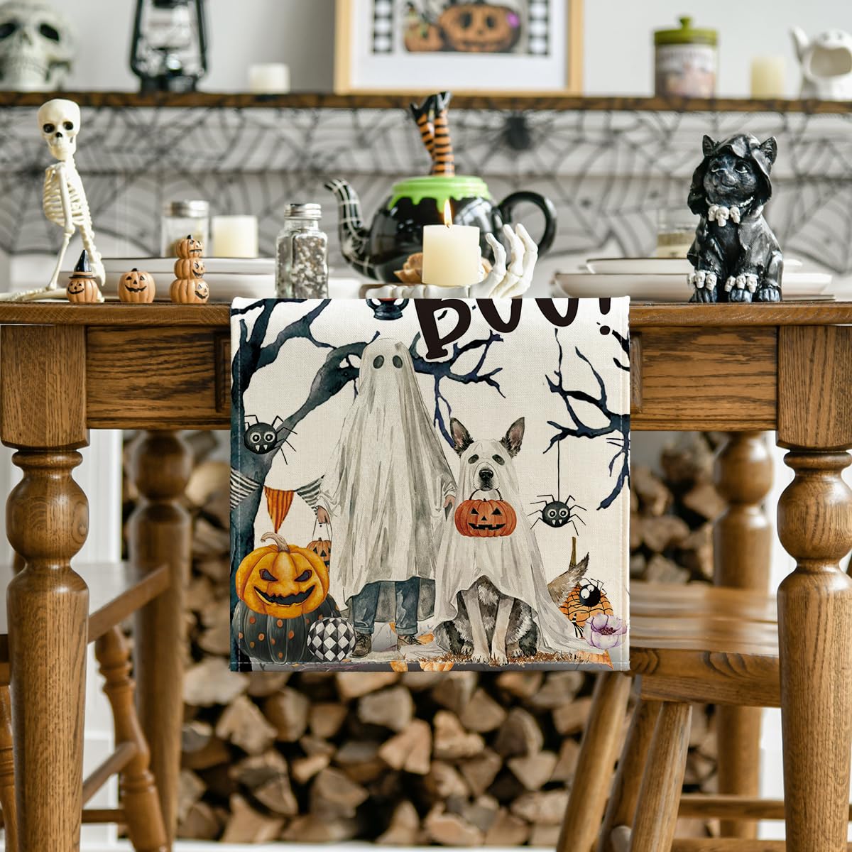 Artoid Mode Ghost Pumpkins Tree Dog Boo Halloween Table Runner, Seasonal Fall Kitchen Dining Table Decoration for Home Party Decor 13x120 Inch