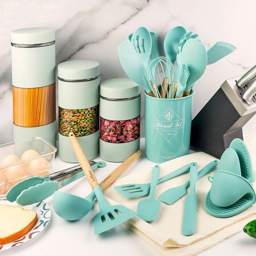 LeMuna Cooking Utensils Set, 18pcs Kitchen Silicone Utensils, Heat Resistant Non Toxic & BPA-Free with Holder & Wooden Handle, Home Essential Accessories, Teal(Turquoise)