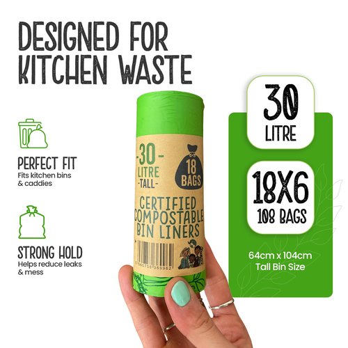 Eco Green Living 30 Litre Compostable Bin Liners, Plastic Free & Recyclable Tall Bin Bags for Food Waste, Leak Resistant Small Bin Liners, 64 x 104 cm, Six Pack (180 Bags)