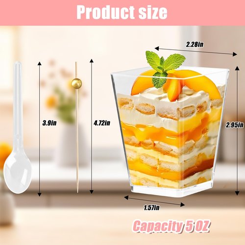 Kosotody 150 Pcs 5 OZ Dessert Cups with Spoons Cocktail Picks, Square Appetizer Cups Clear Mini Mini Party Serving Cups for Party Appetizers Pudding Yogurt Ice Cream Fruit