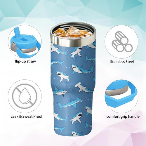 30oz Shark Tumbler with Handle and Flip Straw, Stainless Steel Insulated Cup, Travel Coffee Mug Water Bottle, Birthday Mothers Day Chritmas Gifts for Women Animal Lovers