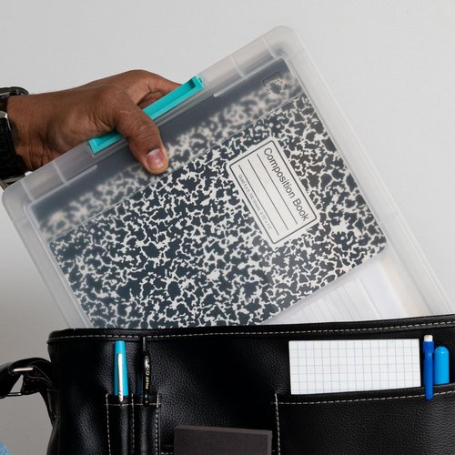 IRIS USA Craft Storage Bins - 6 Qt. Clip Box Tote Organizer, 4-Pack, Stackable - Clear & Seafoam Blue