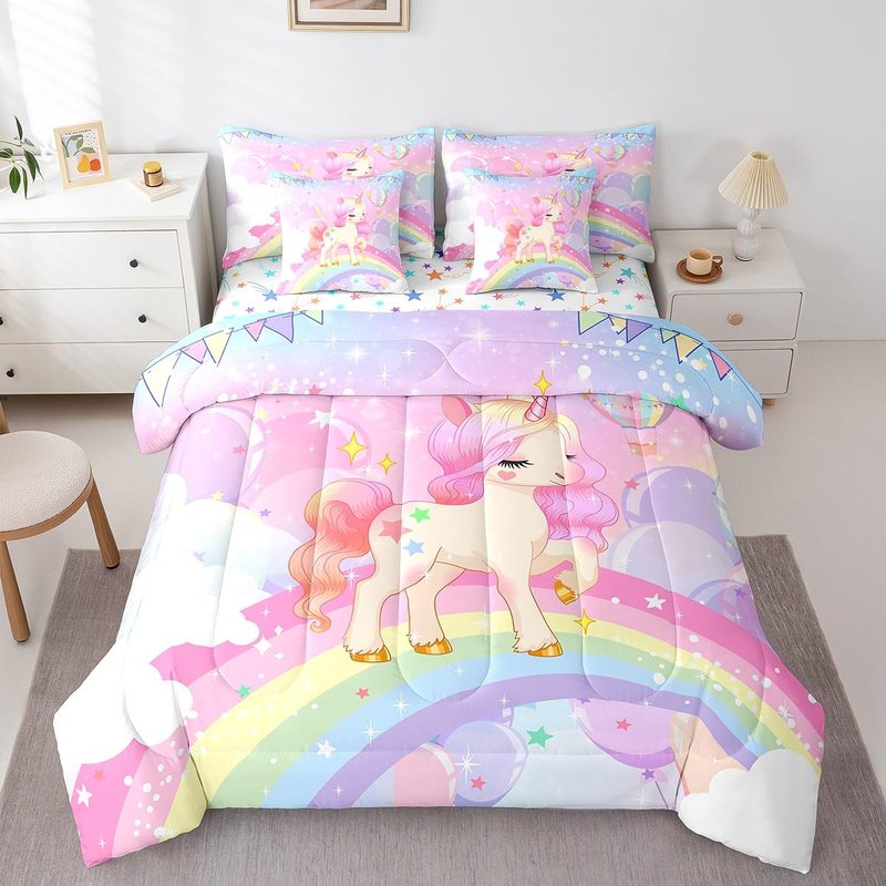 Feelyou Unicorn Girls Bed in a Bag Full Rainbow Kids Pink Unicorn Comforter Set with Sheets Kawaii Cute Stars 7 Piece Bedding Set Teens Children Adults Cartoon Unicorn Room Decor All Season