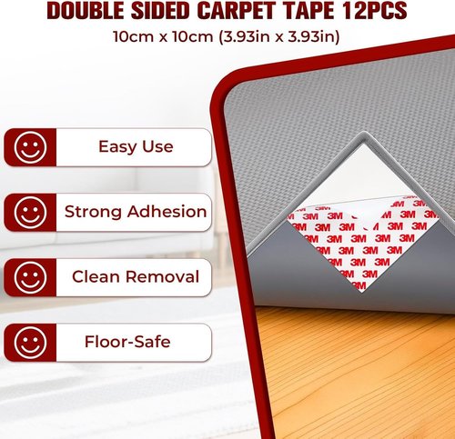 Heavy Duty 12PC Double Sided Carpet Tape by [Brand Name] - Non-Slip Adhesive for Hardwood Floors