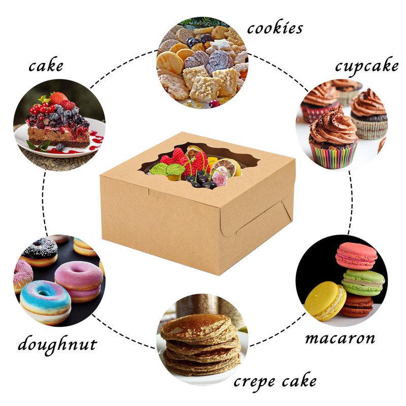 Biocorpla 24pcs 8x8x4 Inches Brown Cake Boxes with Window, Bakery Boxes with Window, Pastry Boxes, dessert boxes, Cookie Boxes for gift giving, Cake, Pastries, Pie, Chocolates, Cupcakes, Cookies
